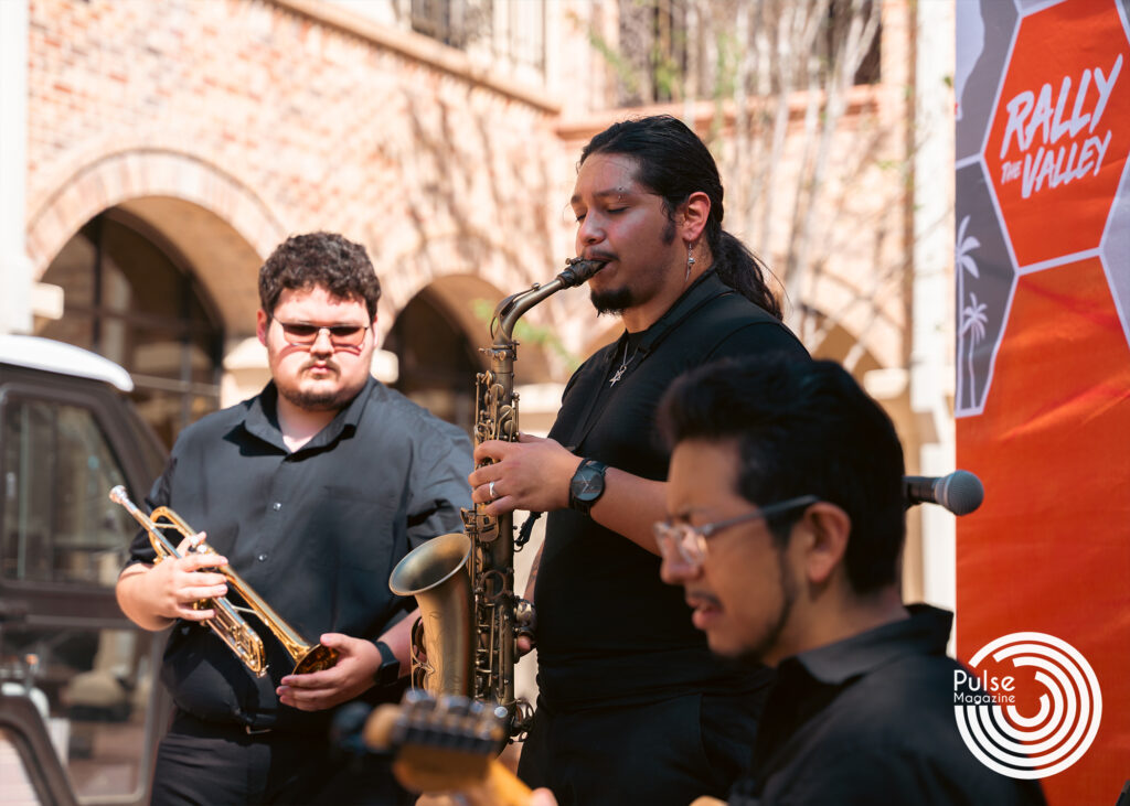 Guitar performance master student Ulysses De Leon (from right), plays his guitar alongside horn performance master student David Gutierrez and music education junior Carlos Hernandez Thursday  at the Student Union Veranda in Brownsville. Derick Lara/Pulse