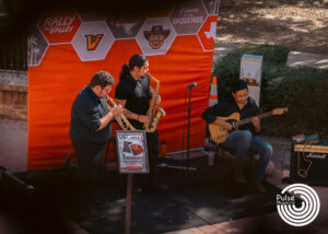 Horn performance master student David Gutierrez (from left),plays alongside music education junior Carlos Hernandez, and guitar performance master student Ulysses De Leon Thursday at the Student Union Veranda in Brownsville. Derick Lara/Pulse