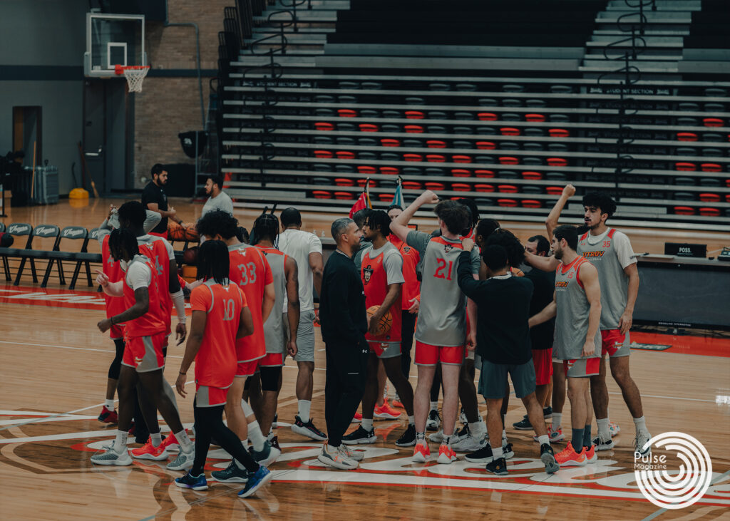 UTRGV Men’s Basketball team huddles and breaks out before the start of practice Nov. 1 at the UTRGV Fieldhouse in Edinburg. 
