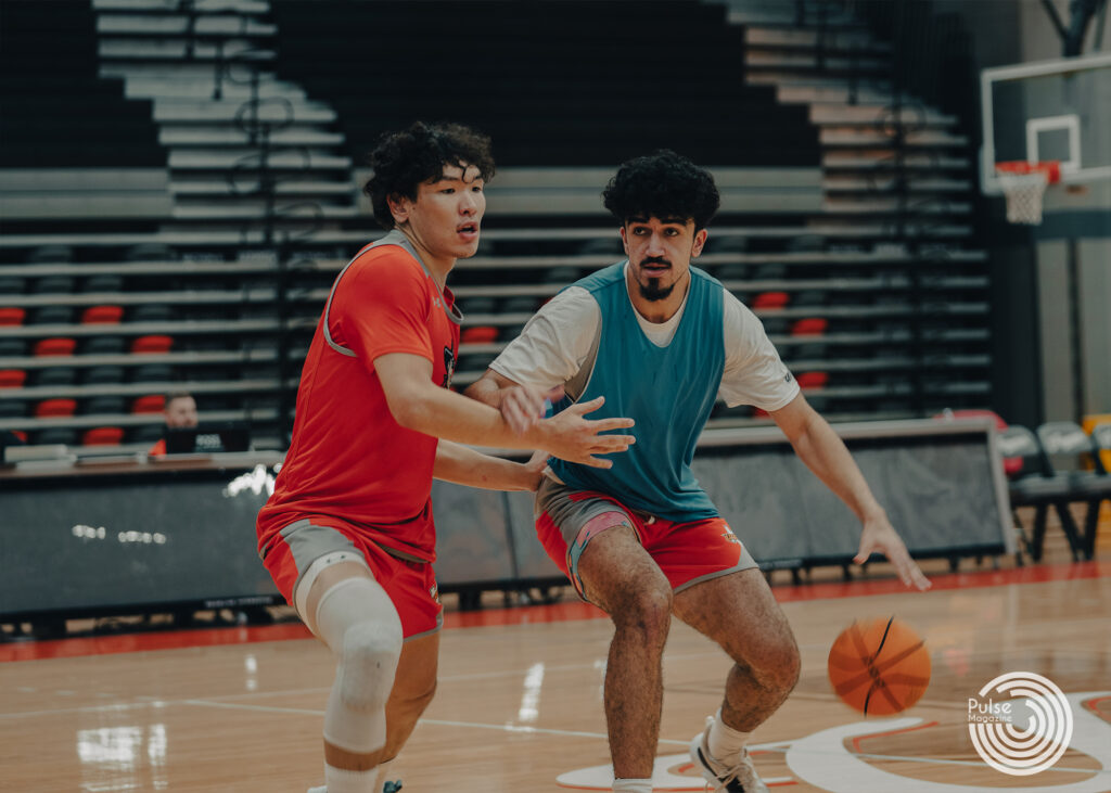 Sophomore forward Tommy Gankhuyag (left) guards junior center Mustafo Vanjov during practice Nov. 1 at the UTRGV Fieldhouse in Edinburg. 
