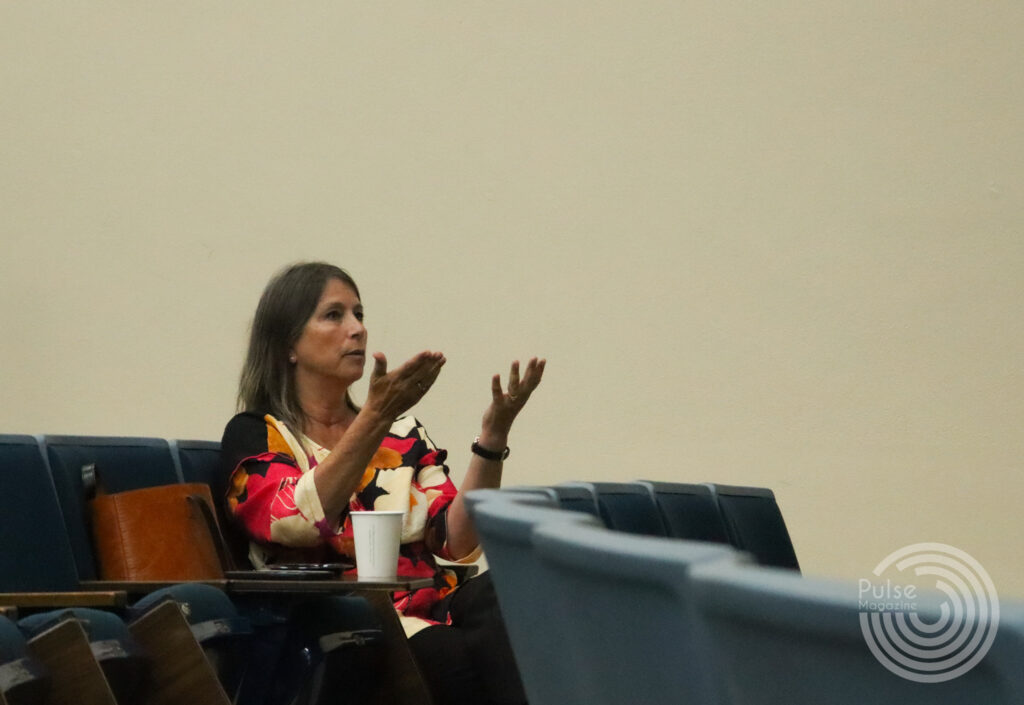 Roseann Bacha-Garza, UTRGV CHAPS program director, weighs in on discussion of reproductive rights during a lecture presented by Catherine Clinton Oct. 17. Mikaela Lagunes/Pulse  
