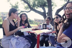 (Left to right)Biology Freshman Daniella Villegas, psychology freshman Mia Luna, criminal justice freshman Alexa Fredrick, UTRGV graduates Abigail Vasquez and Isabella Mendez with Baptist Student Ministry during a bible study on Edinburg campus Nov.6. Mikaela Lagunes/ Pulse.