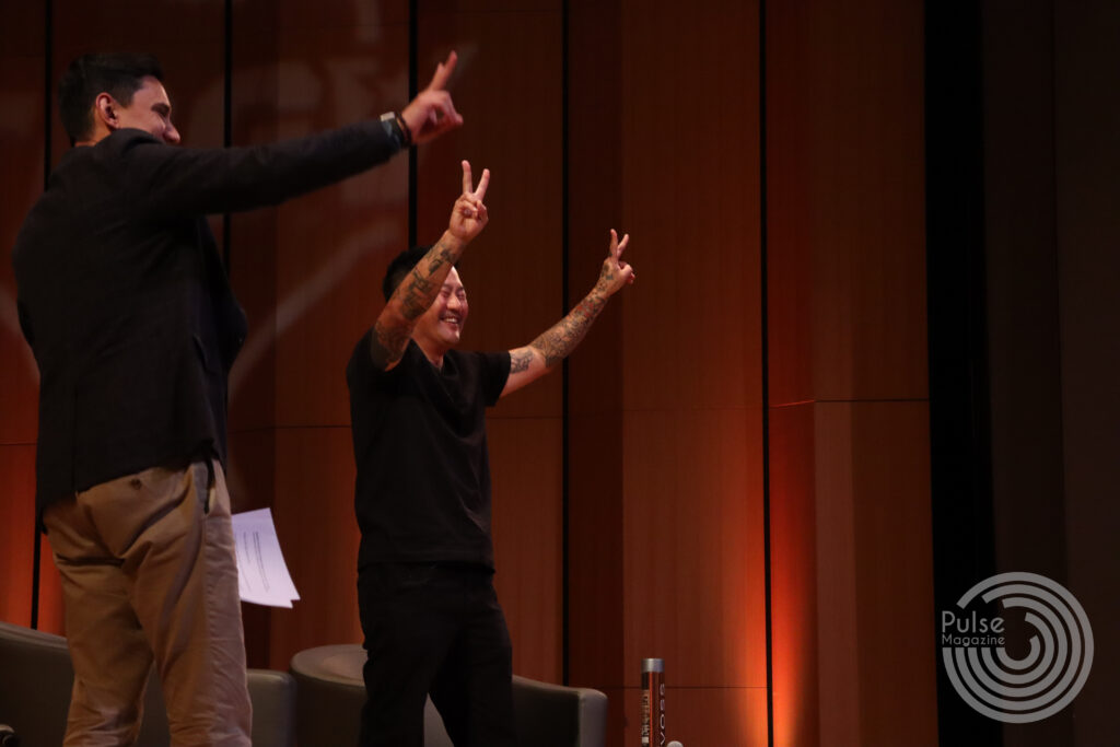 Rudy Mireles, moderator of the event, and Chef Roy Choi put their V’s up at the end of UTRGV Distinguished Speaker Series Tuesday. Mikalea Lagunes/Pulse
