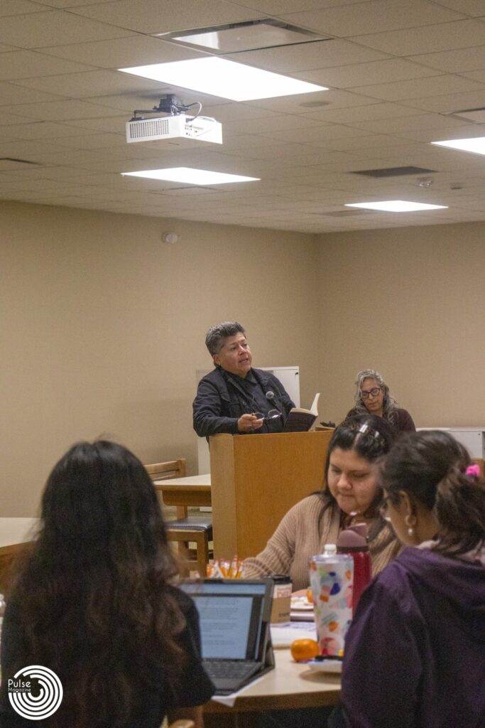 Writer Raquel Gutiérrez reads “Brown Neon” and explains their writing at the “Borderlands Poetics Workshop & Reading” April 7 at the UTRGV Library on the Edinburg campus. Logan Huizar/Pulse