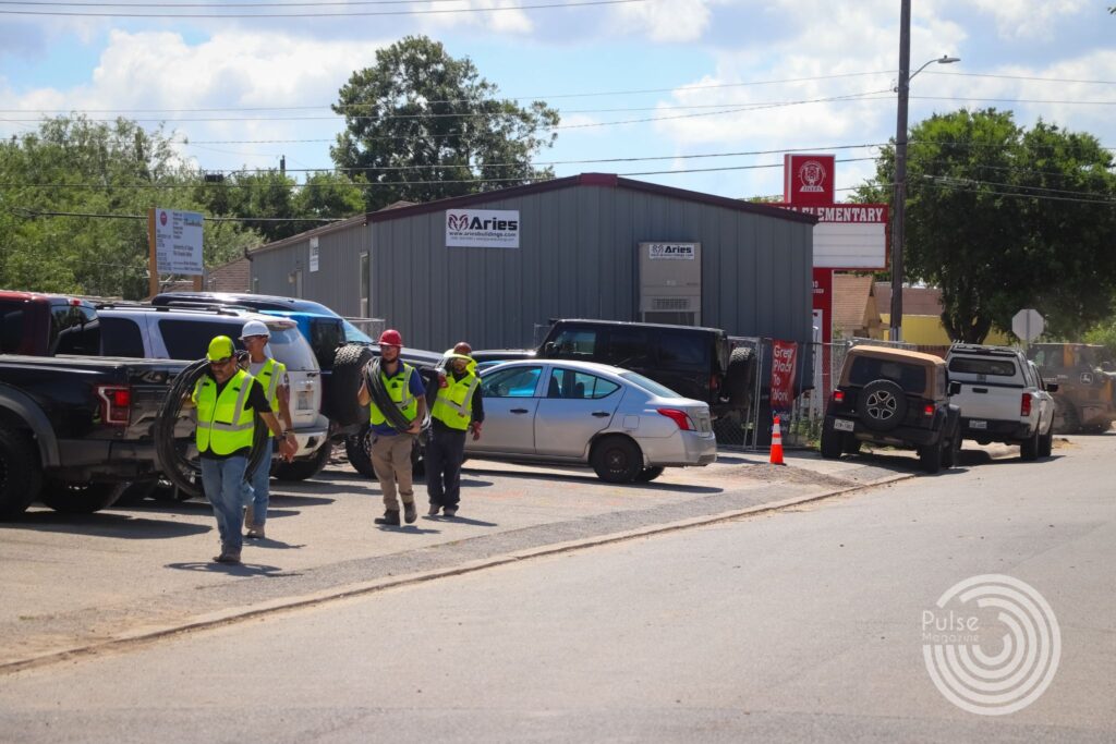 Construction workers walk through the site of UTRGV’s new Visual Arts Complex on the Brownsville campus Tuesday. UTRGV purchased the former Longoria Elementary School property in 2024 to transform the site into a new complex for the School of Art and Design in Brownsville.