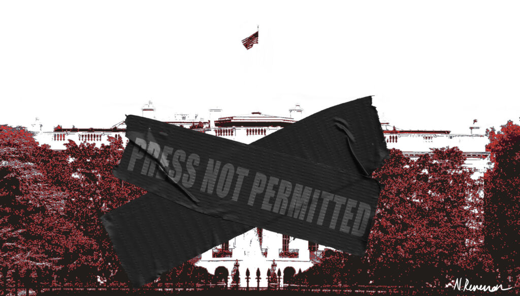 The White House with tape that reads "Press not permitted" over it.